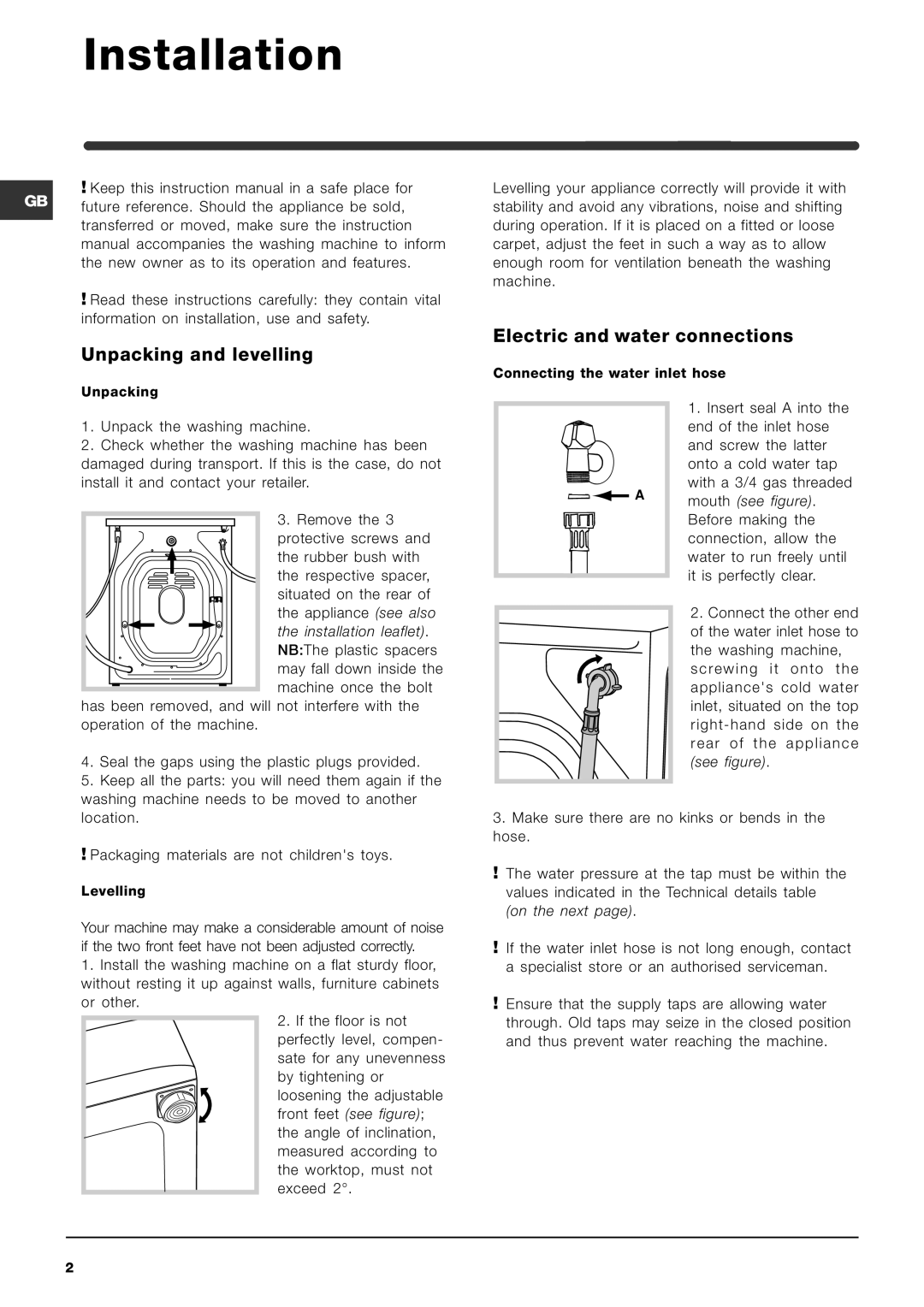 Indesit WIA 121 manual Installation, Unpacking and levelling, Electric and water connections 