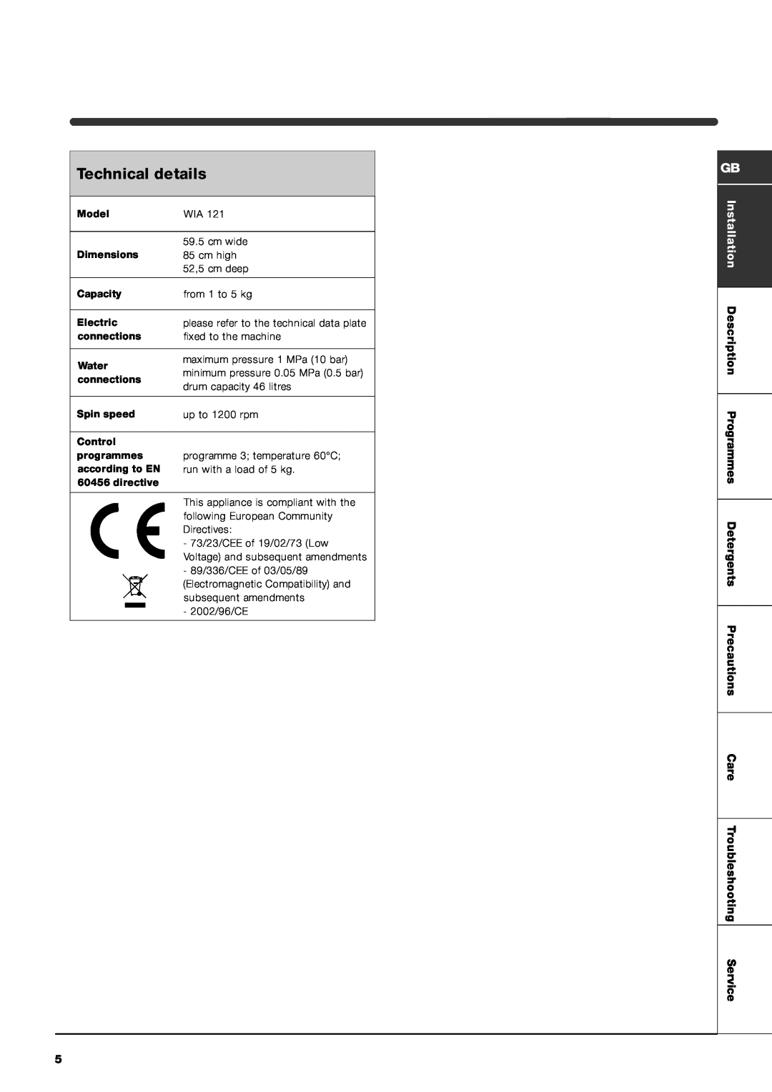 Indesit WIA 121 manual Technical details, Care Troubleshooting Service 
