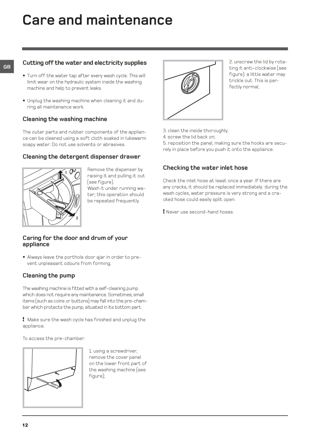 Indesit WMF 740 G, WMF 740 K, WMF 740 A, WMF 740 P manual Care and maintenance 