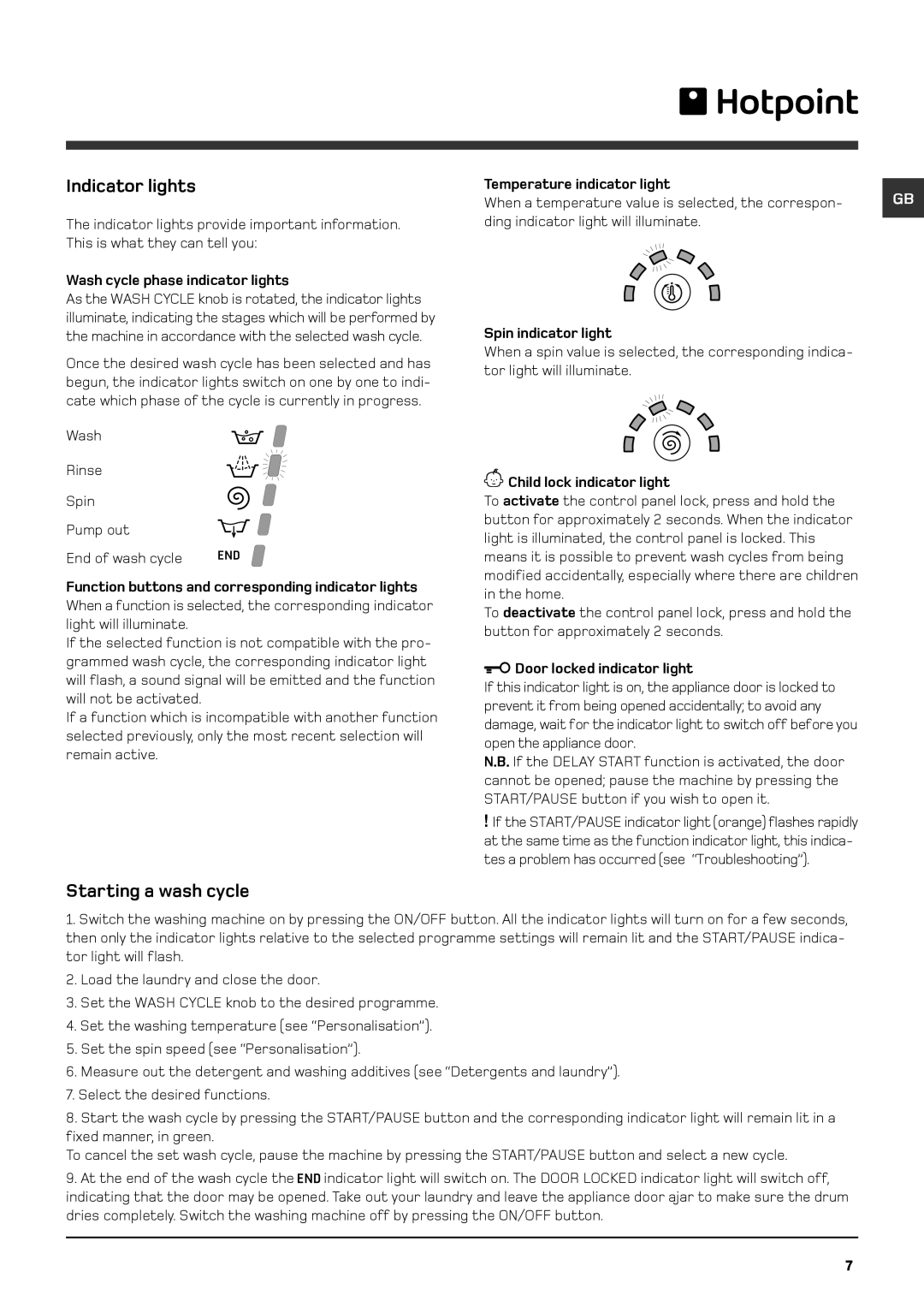 Indesit WMF 740 P, WMF 740 G, WMF 740 K, WMF 740 A manual Indicator lights, Starting a wash cycle 