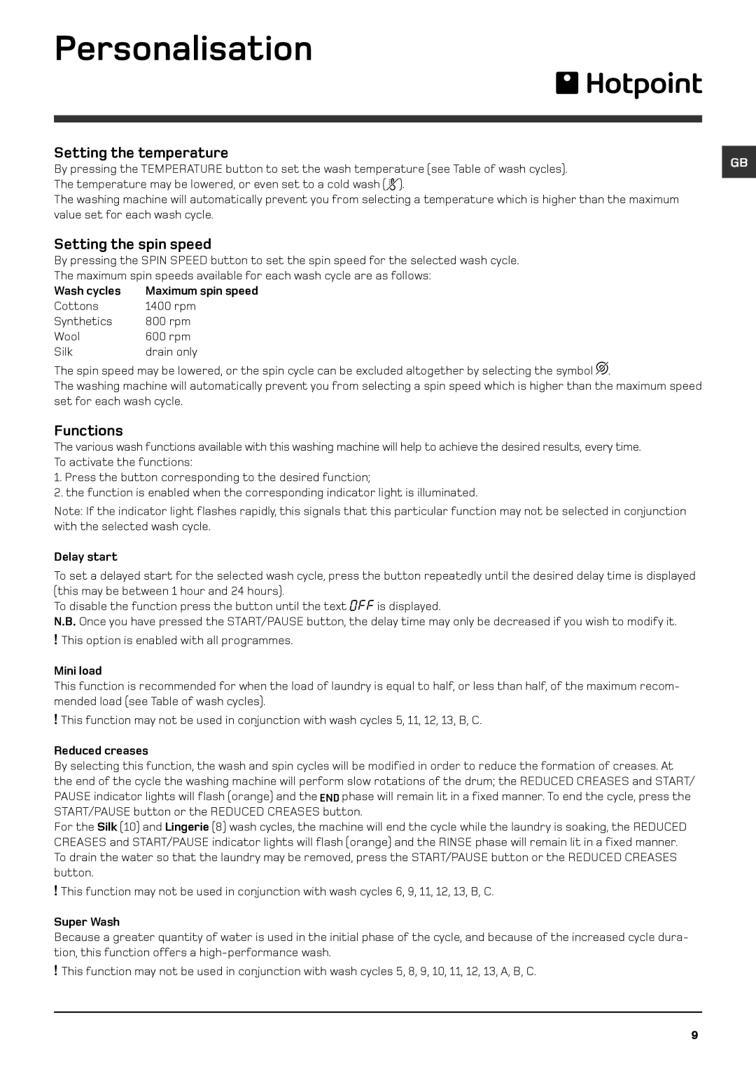 Indesit WMF 740 K, WMF 740 G, WMF 740 A manual Personalisation, Setting the temperature, Setting the spin speed, Functions 