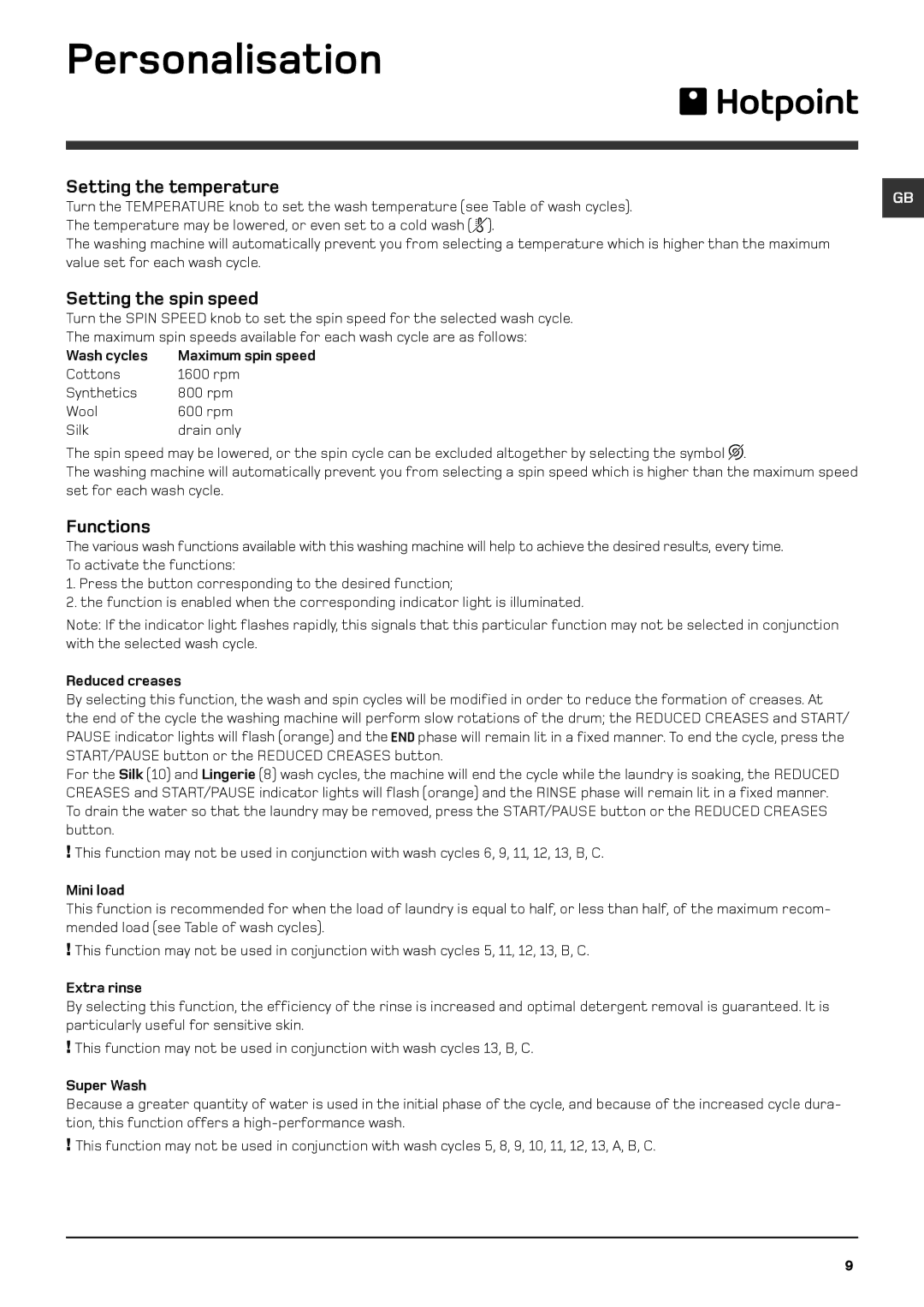 Indesit WML 560 manual Personalisation, Setting the temperature, Setting the spin speed, Functions 