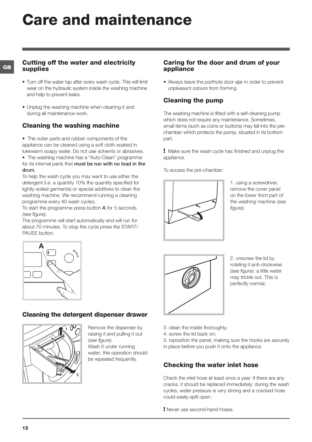 Indesit WMPF 742 manual Care and maintenance 