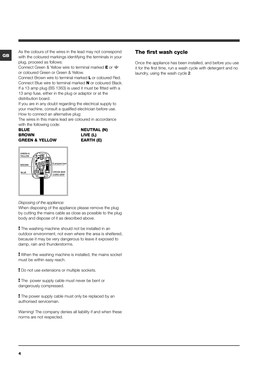 Indesit WMPF 742 manual First wash cycle, Amp fuse, either in the plug or adaptor or at, How to connect an alternative plug 