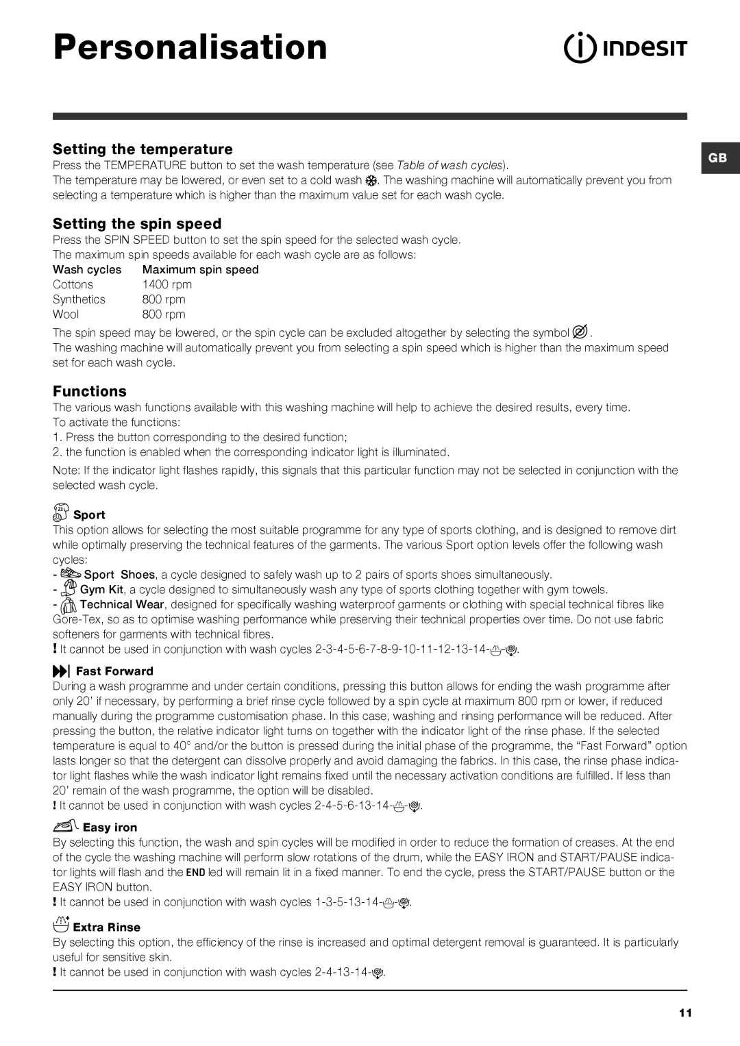 Indesit XWA 81482 manual Personalisation, Setting the temperature, Setting the spin speed, Functions 