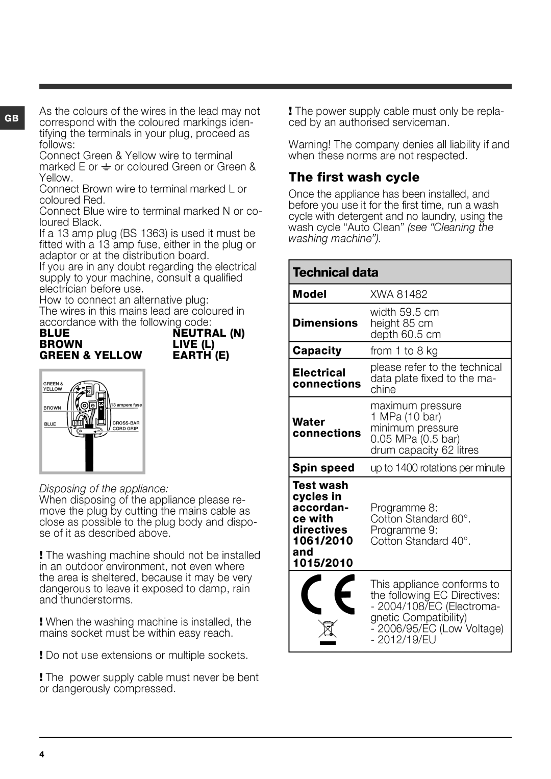 Indesit XWA 81482 manual First wash cycle, Technical data 