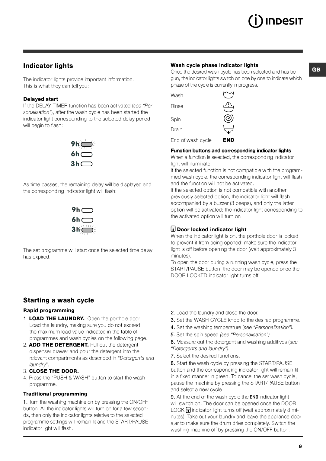 Indesit XWA 81482 manual Indicator lights, Starting a wash cycle 