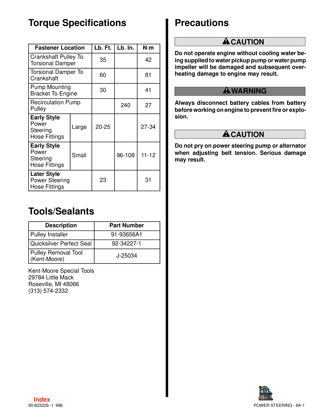 Index Interfurn 90-823226 manual Torque Specifications, Tools/Sealants, Precautions 