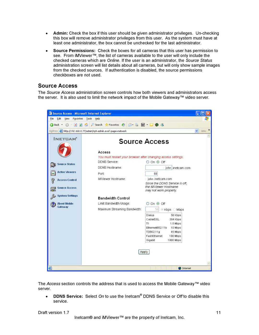 Inetcam Mobile Gateway manual Source Access 