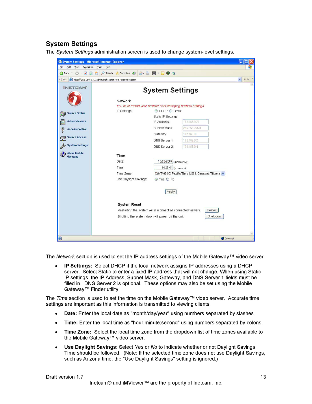 Inetcam Mobile Gateway manual System Settings 