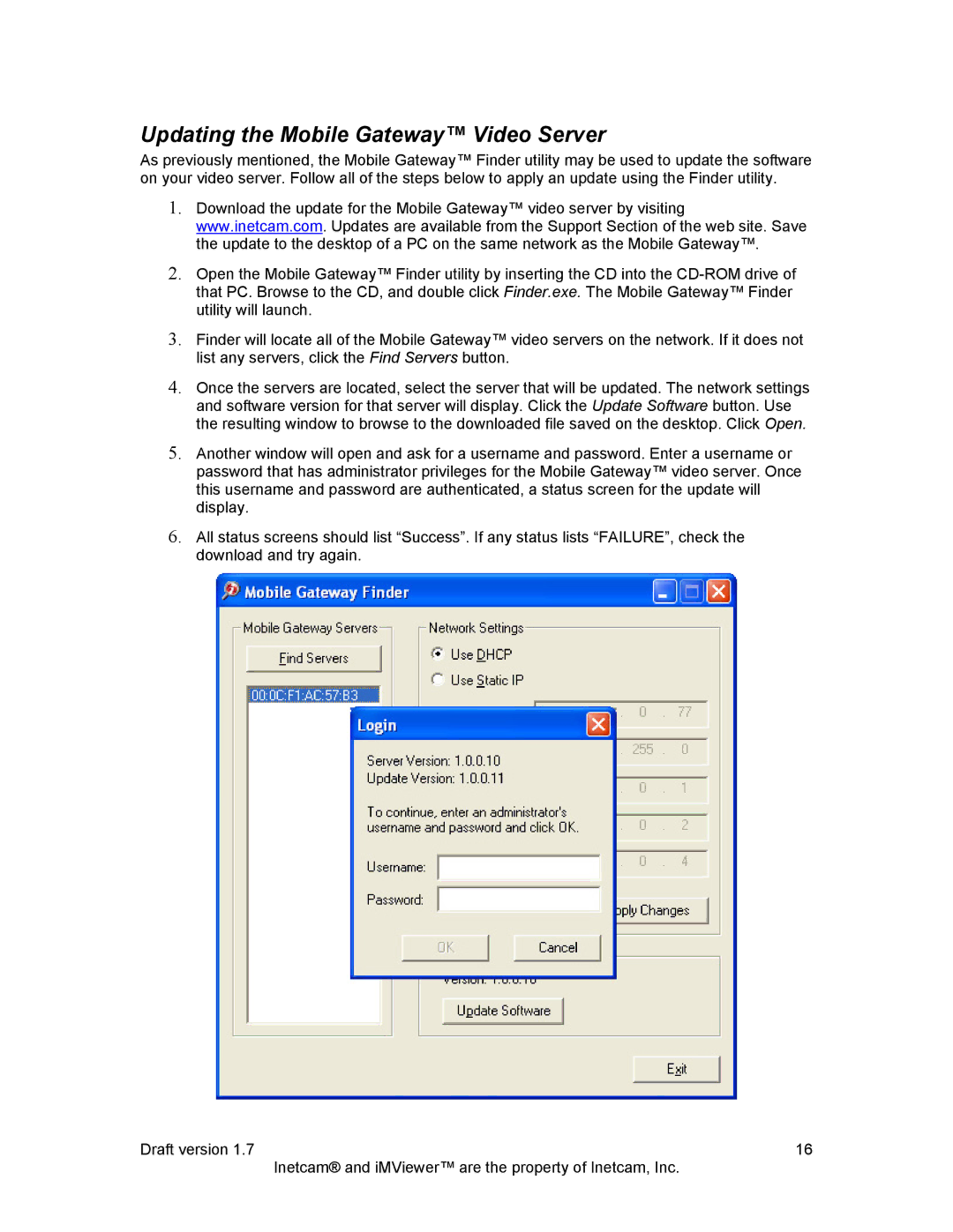 Inetcam manual Updating the Mobile Gateway Video Server 