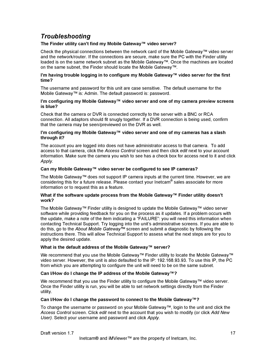 Inetcam manual Troubleshooting, Finder utility can’t find my Mobile Gateway video server? 