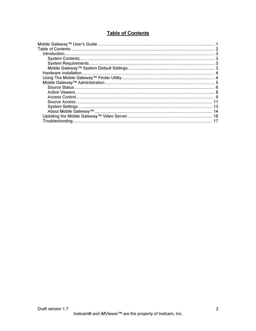 Inetcam Mobile Gateway manual Table of Contents 