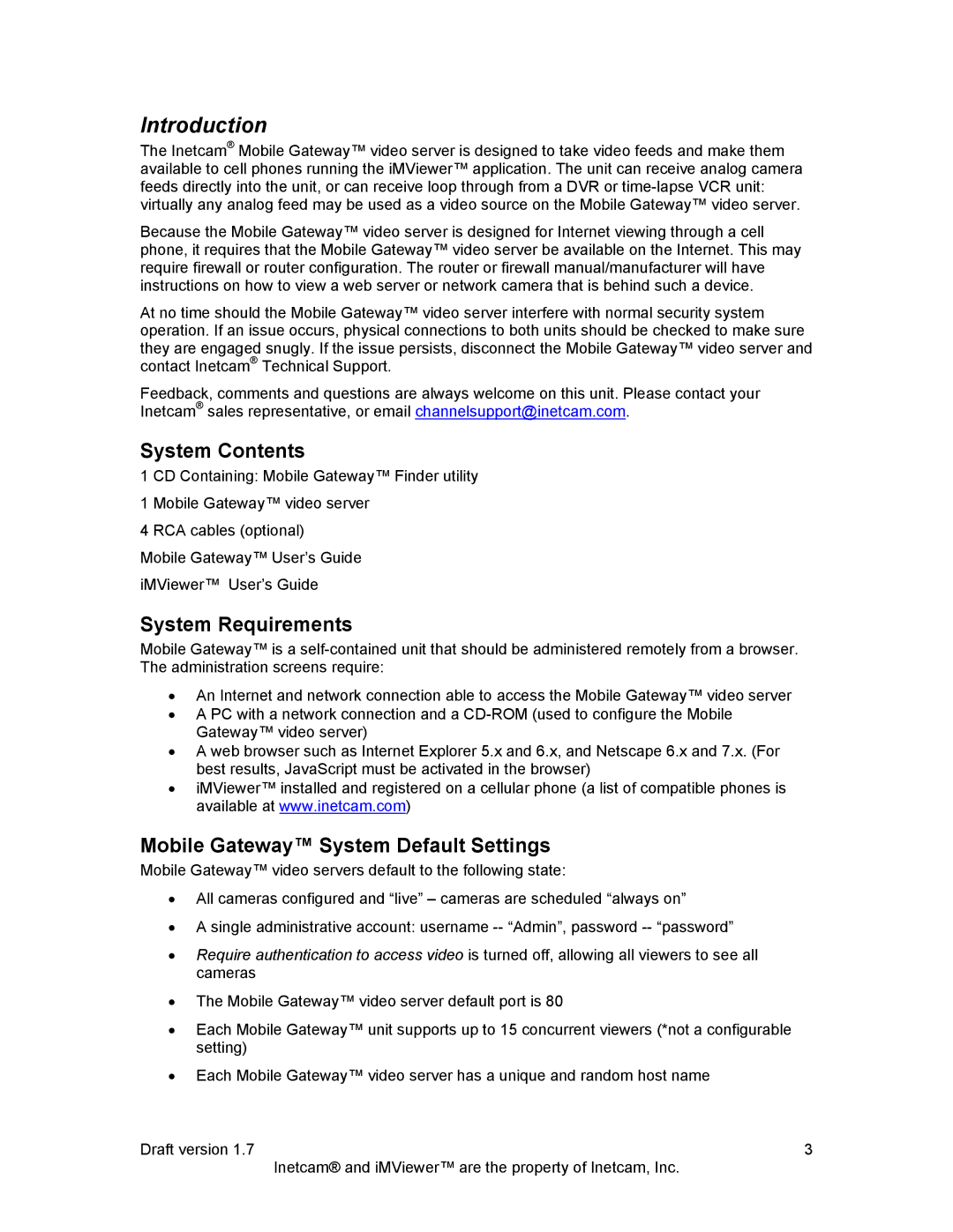 Inetcam manual Introduction, System Contents, System Requirements, Mobile Gateway System Default Settings 