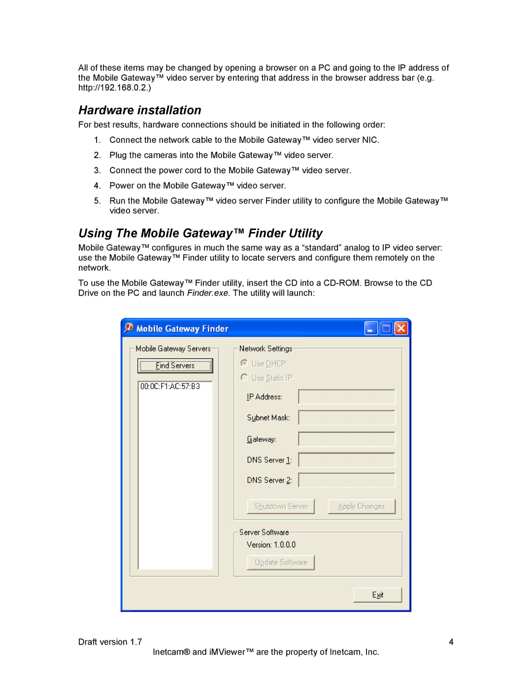 Inetcam manual Hardware installation, Using The Mobile Gateway Finder Utility 