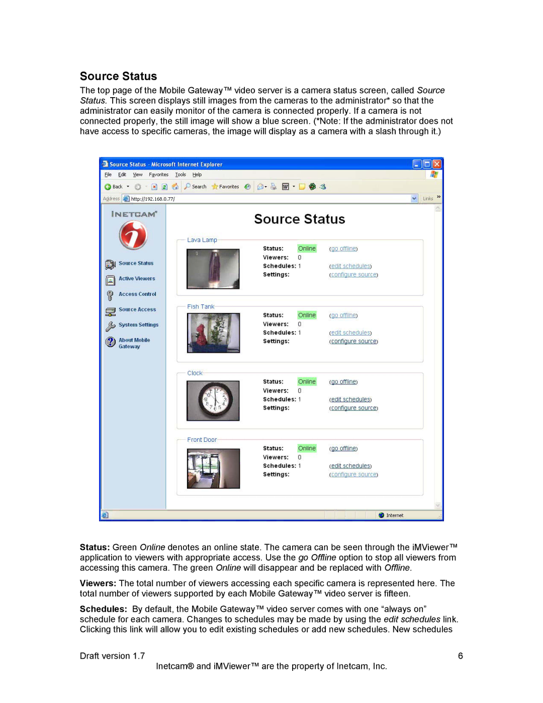 Inetcam Mobile Gateway manual Source Status 