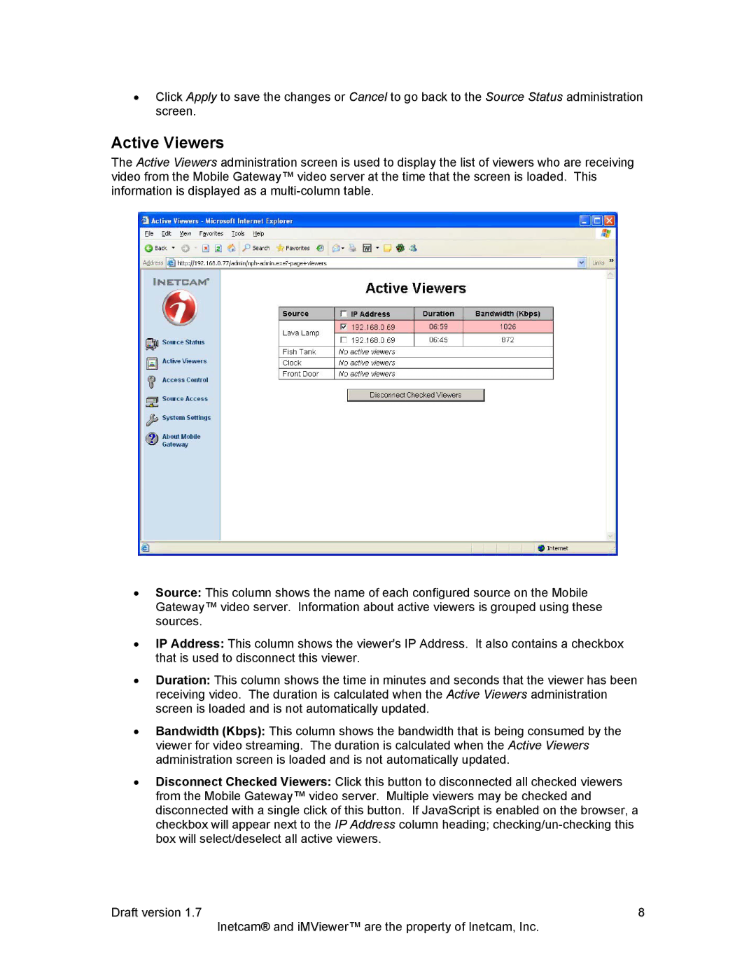 Inetcam Mobile Gateway manual Active Viewers 