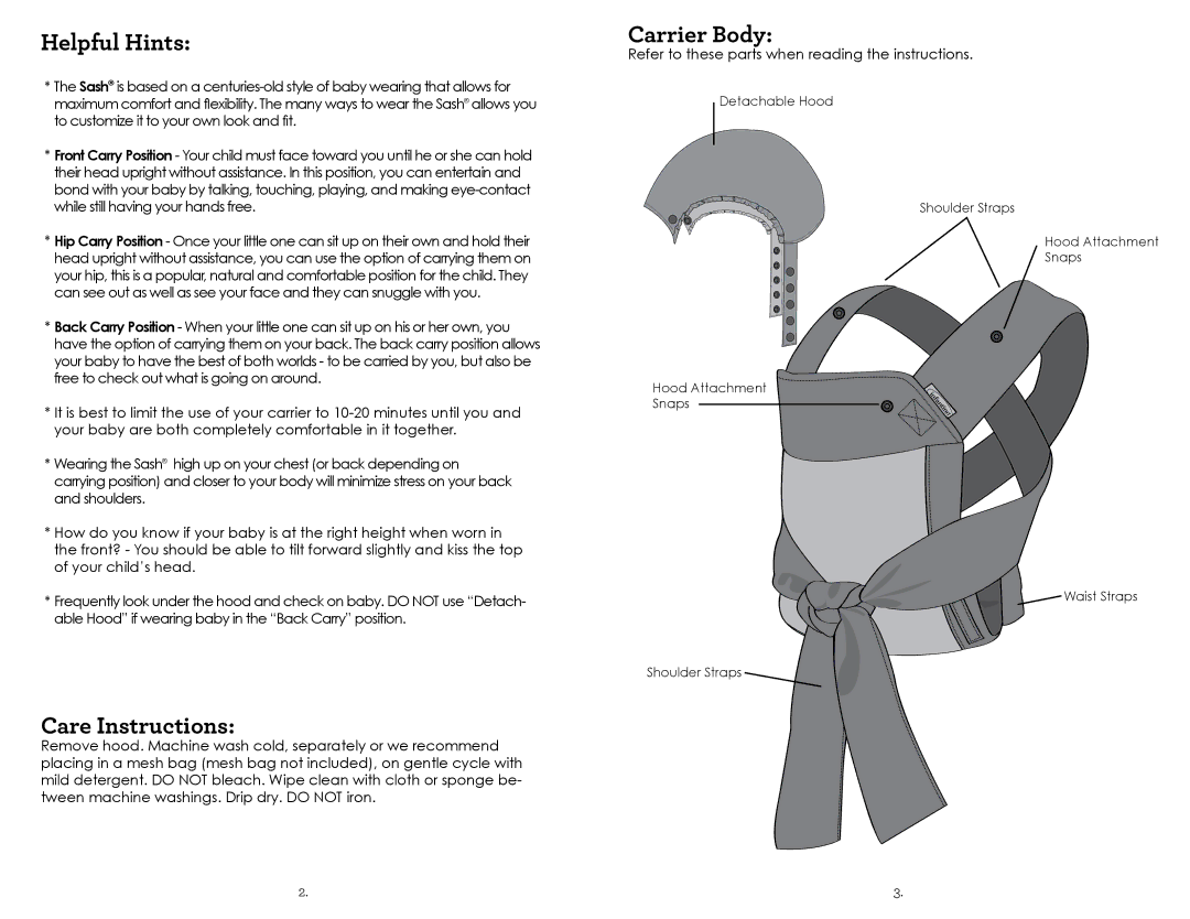 Infantino 200-122 manual Helpful Hints, Care Instructions, Carrier Body, Refer to these parts when reading the instructions 