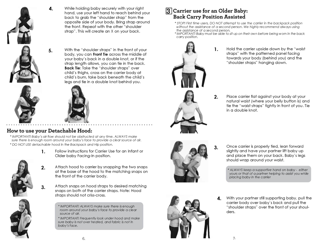 Infantino 200-122 manual How to use your Detachable Hood, Carrier use for an Older Baby Back Carry Position Assisted 