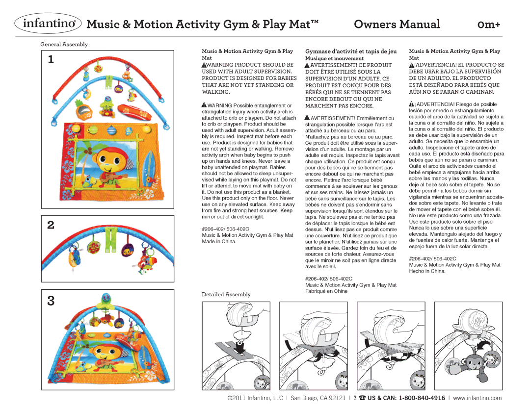 Infantino 206-402 manual Music & Motion Activity Gym & Play Mat, 0m+, General Assembly 