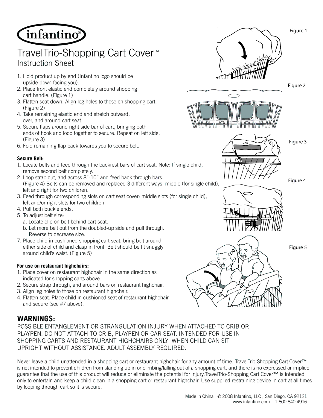 Infantino TravelTrio-Shopping Cart Cover manual Instruction Sheet, Secure Belt, For use on restaurant highchairs 