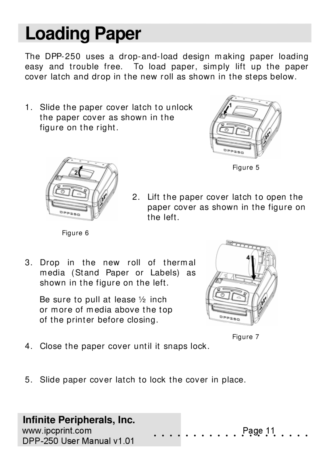 Infinite Peripherals DPP-250 user manual Loading Paper 