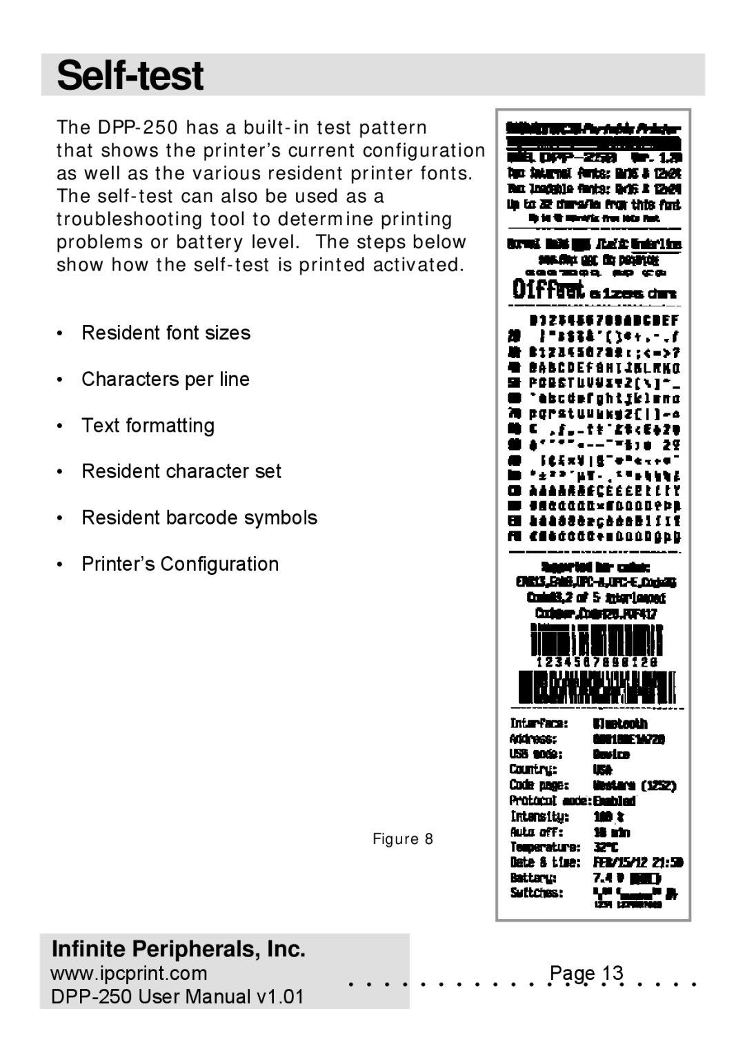 Infinite Peripherals user manual Self-test, DPP-250 has a built-in test pattern 