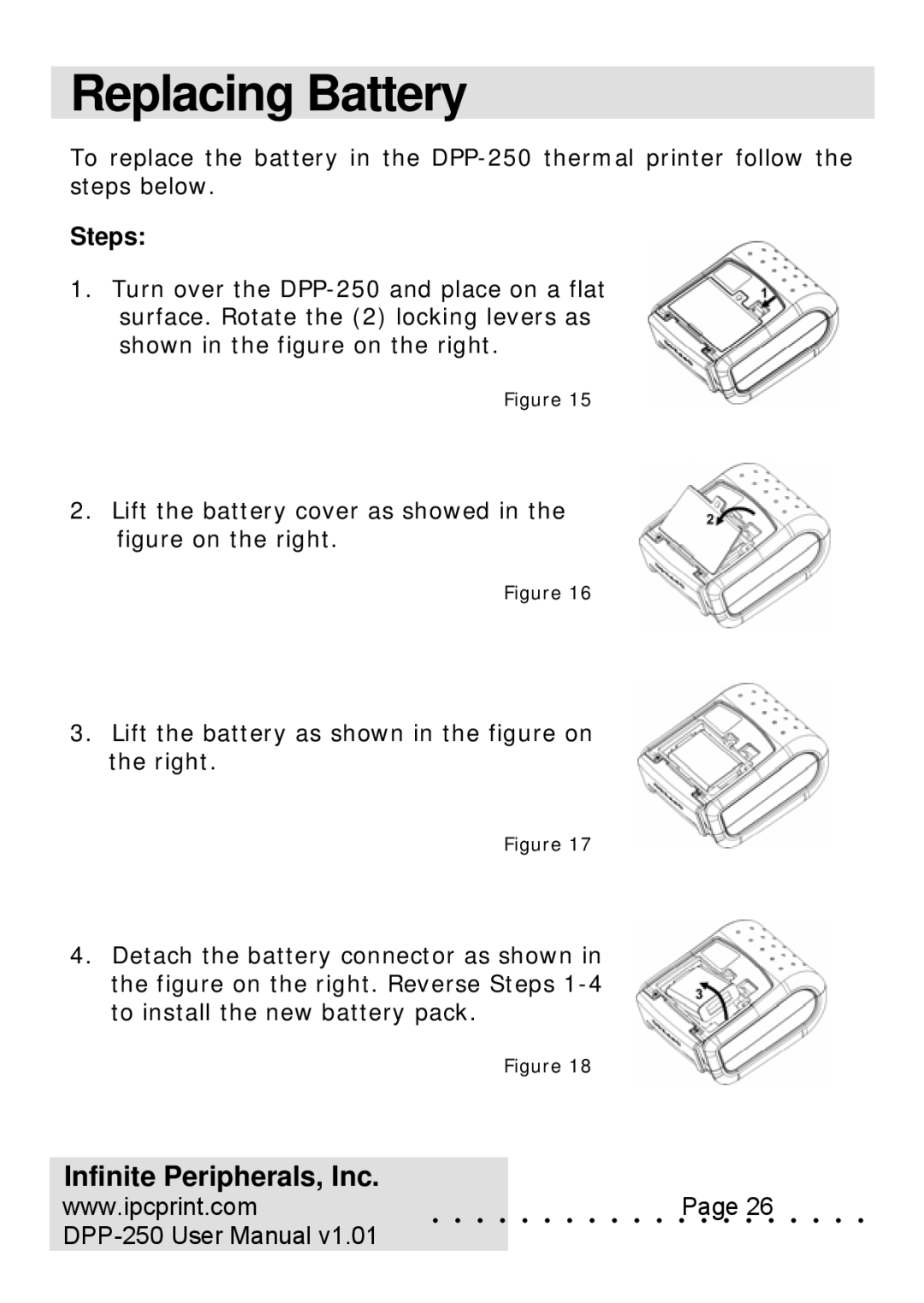 Infinite Peripherals DPP-250 user manual Replacing Battery, Steps 