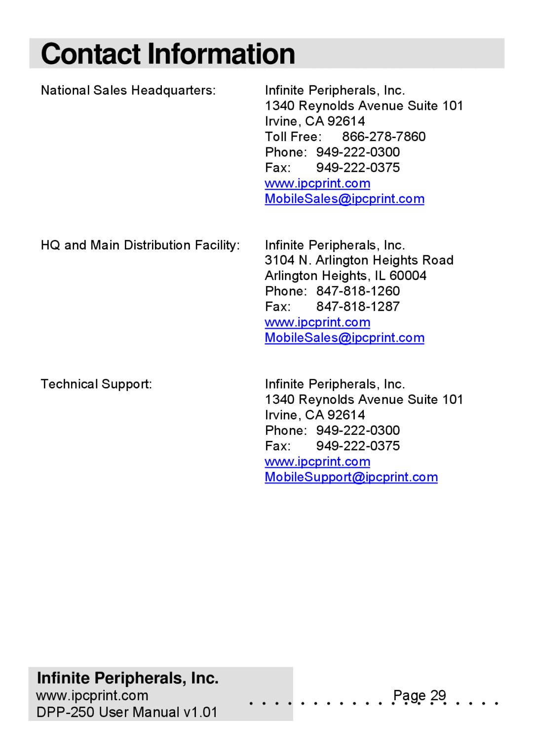 Infinite Peripherals DPP-250 user manual Contact Information, MobileSales@ipcprint.com 