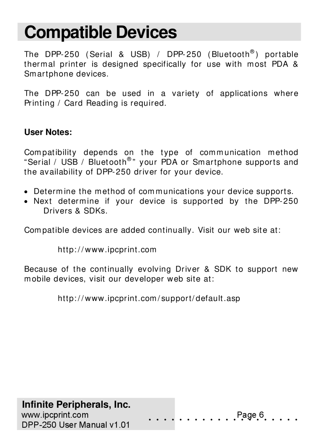 Infinite Peripherals DPP-250 user manual Compatible Devices, User Notes 