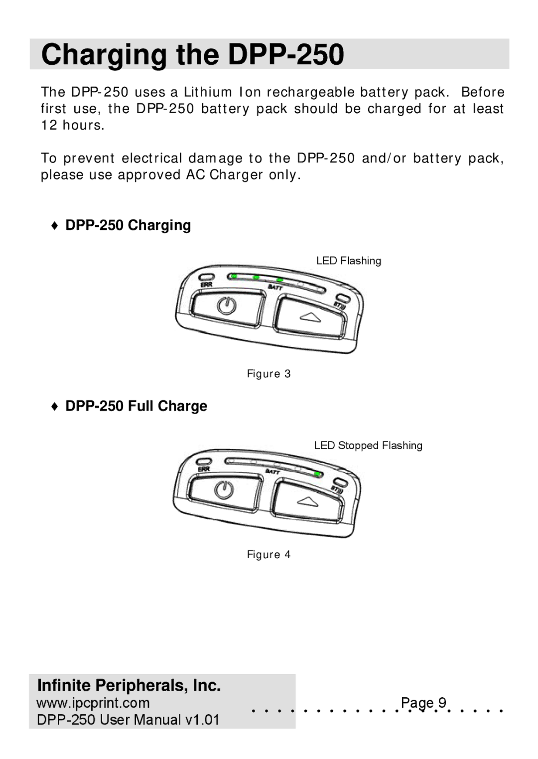 Infinite Peripherals user manual Charging the DPP-250, DPP-250 Charging, DPP-250 Full Charge 