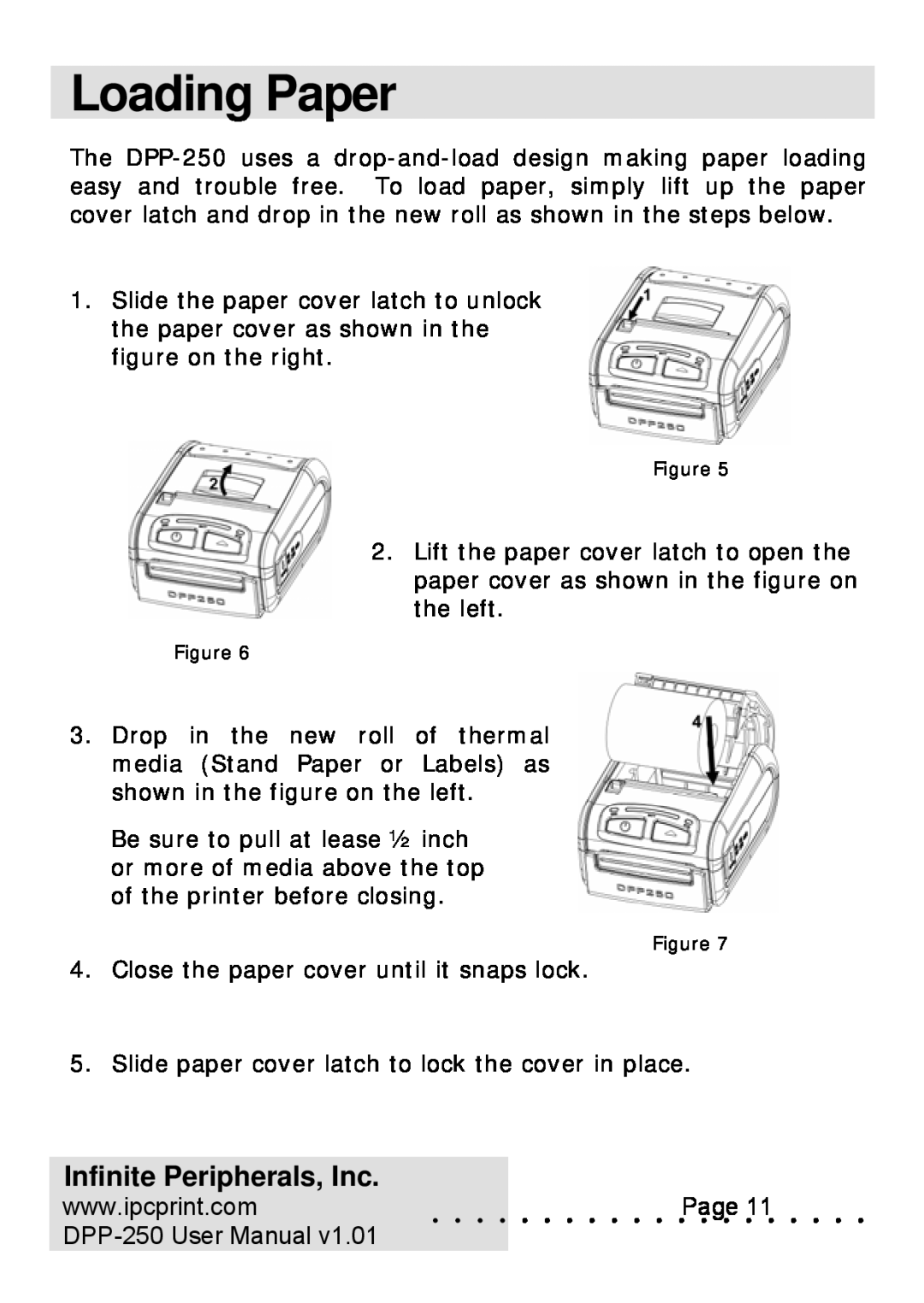 Infinite Peripherals user manual Loading Paper, Infinite Peripherals, Inc, DPP-250 User Manual 