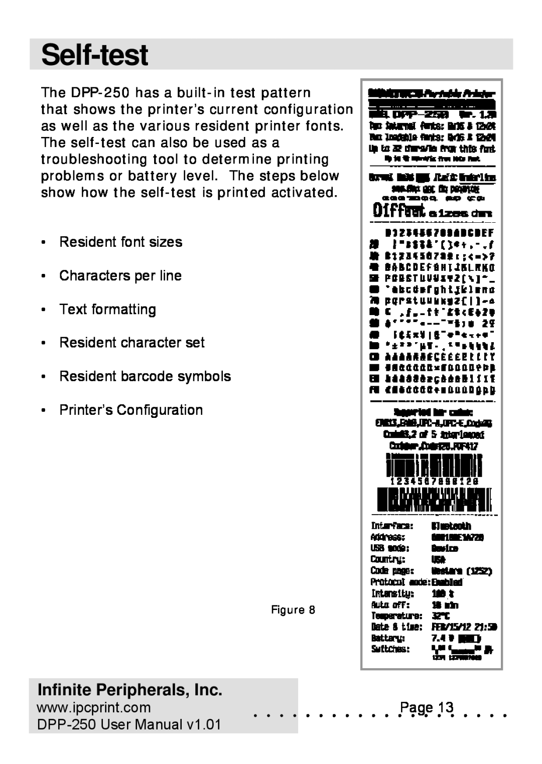 Infinite Peripherals DPP-250 Self-test, Resident font sizes Characters per line Text formatting, Printer’s Configuration 