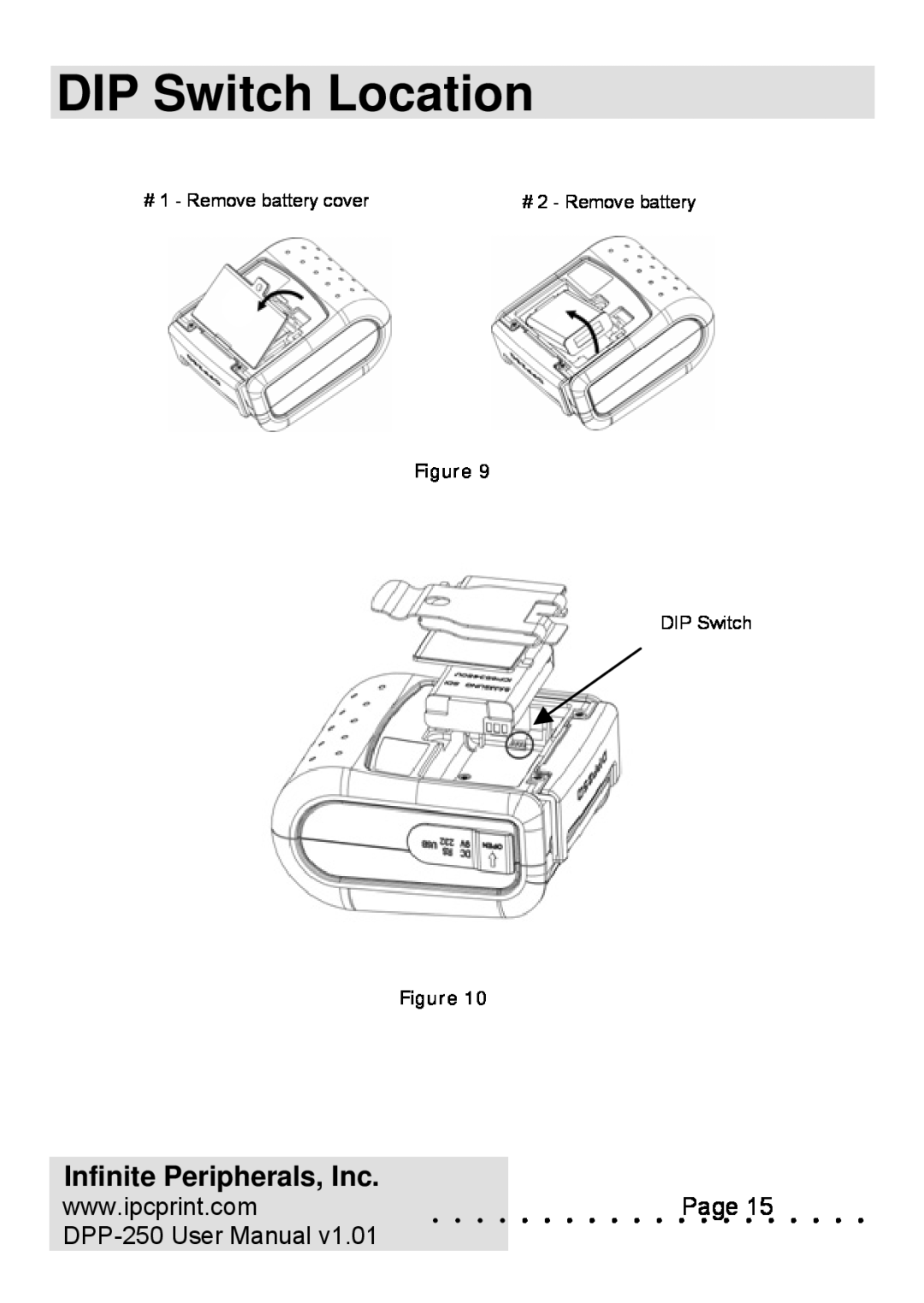 Infinite Peripherals DIP Switch Location, Infinite Peripherals, Inc, DPP-250 User Manual, # 1 - Remove battery cover 