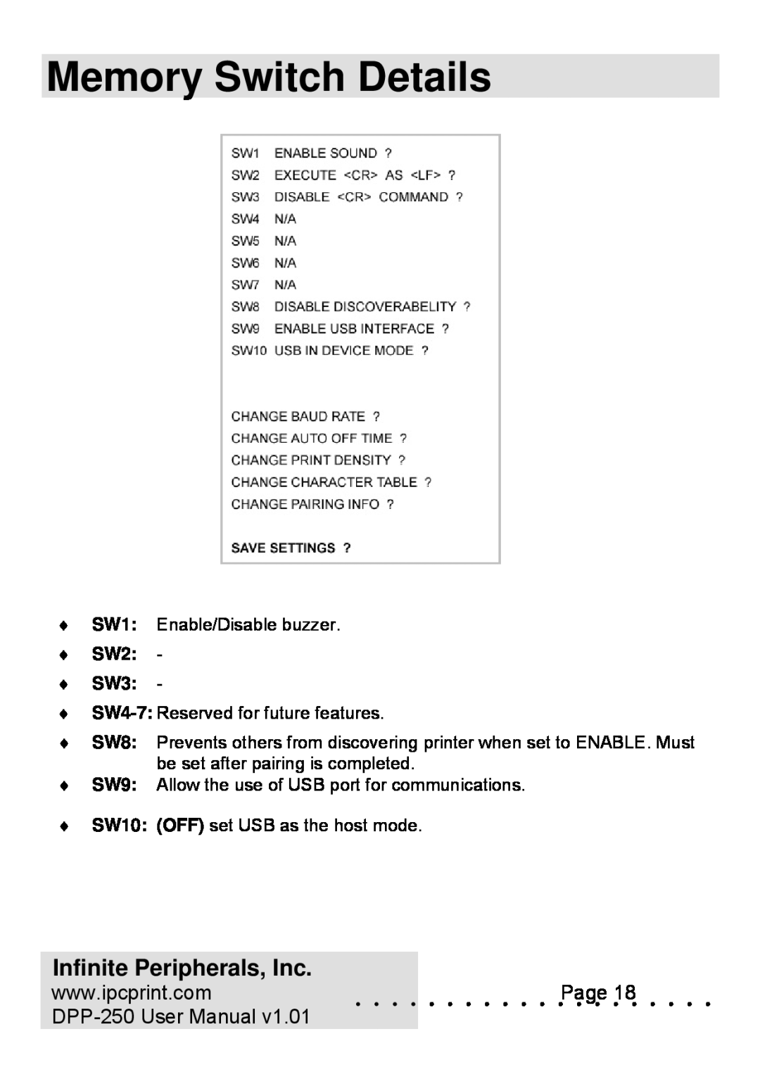 Infinite Peripherals user manual Memory Switch Details, Infinite Peripherals, Inc, DPP-250 User Manual, SW2 SW3 