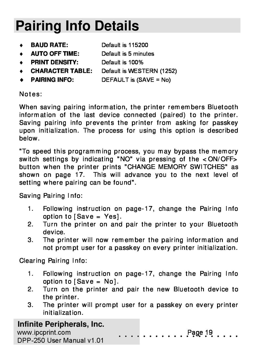 Infinite Peripherals user manual Pairing Info Details, Infinite Peripherals, Inc, DPP-250 User Manual 
