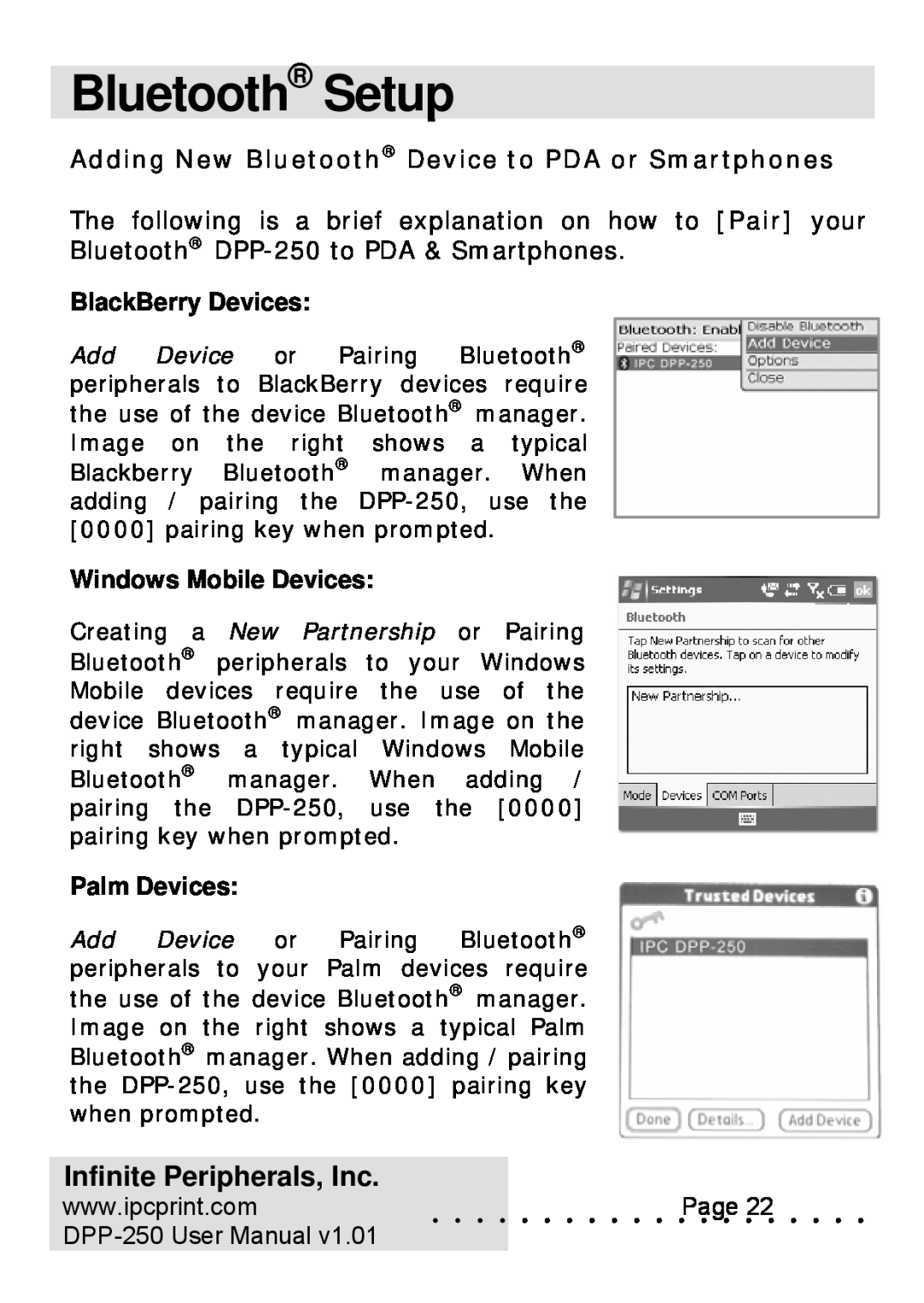 Infinite Peripherals DPP-250 user manual Bluetooth Setup, BlackBerry Devices, Windows Mobile Devices, Palm Devices 
