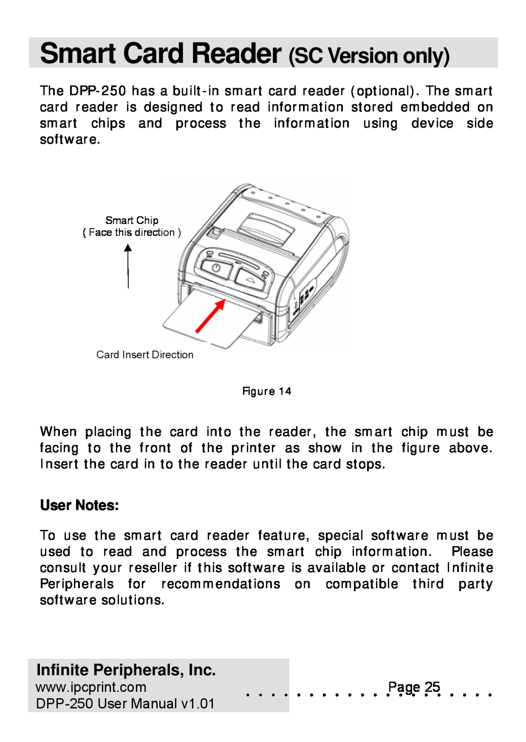 Infinite Peripherals DPP-250 user manual Smart Card Reader SC Version only, Infinite Peripherals, Inc, User Notes 