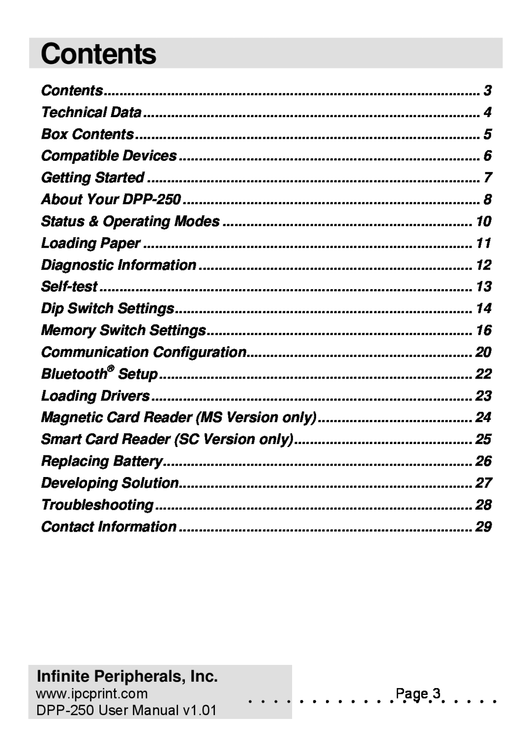 Infinite Peripherals user manual Contents, Infinite Peripherals, Inc, DPP-250 User Manual 