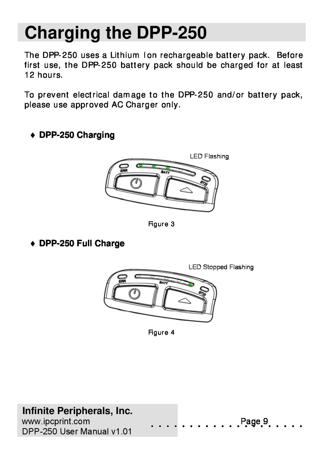 Infinite Peripherals user manual Charging the DPP-250, DPP-250 Charging, DPP-250 Full Charge, Infinite Peripherals, Inc 