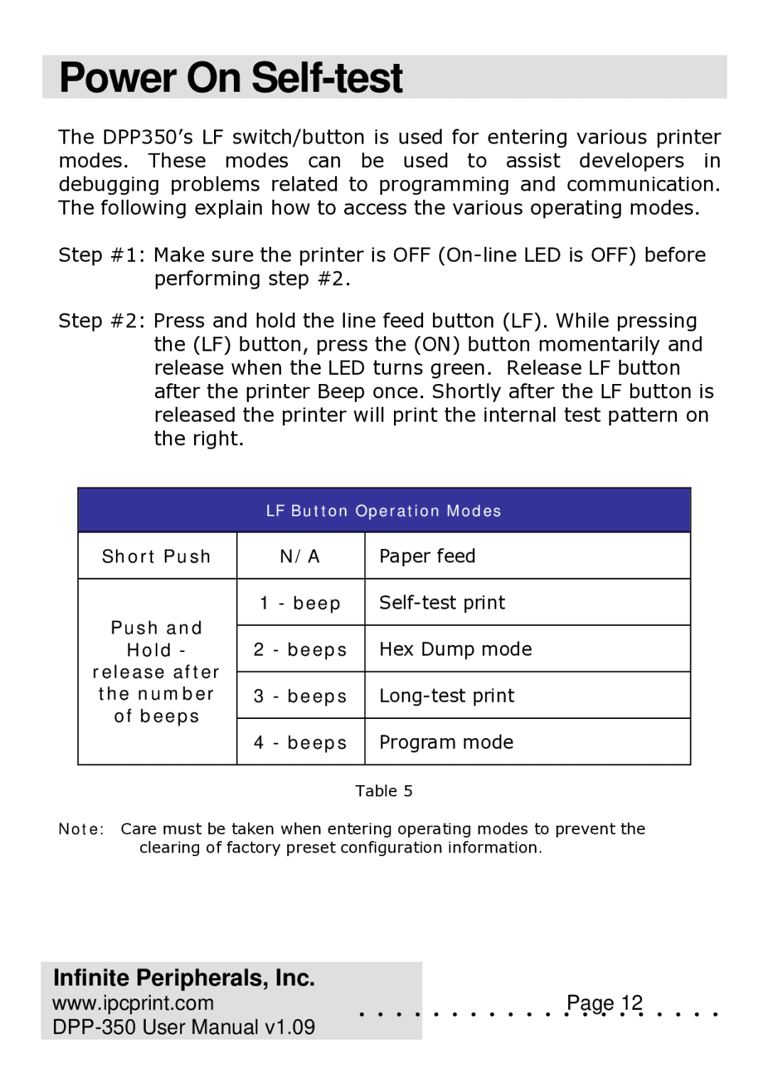 Infinite Peripherals DPP-350 user manual Power On Self-test 