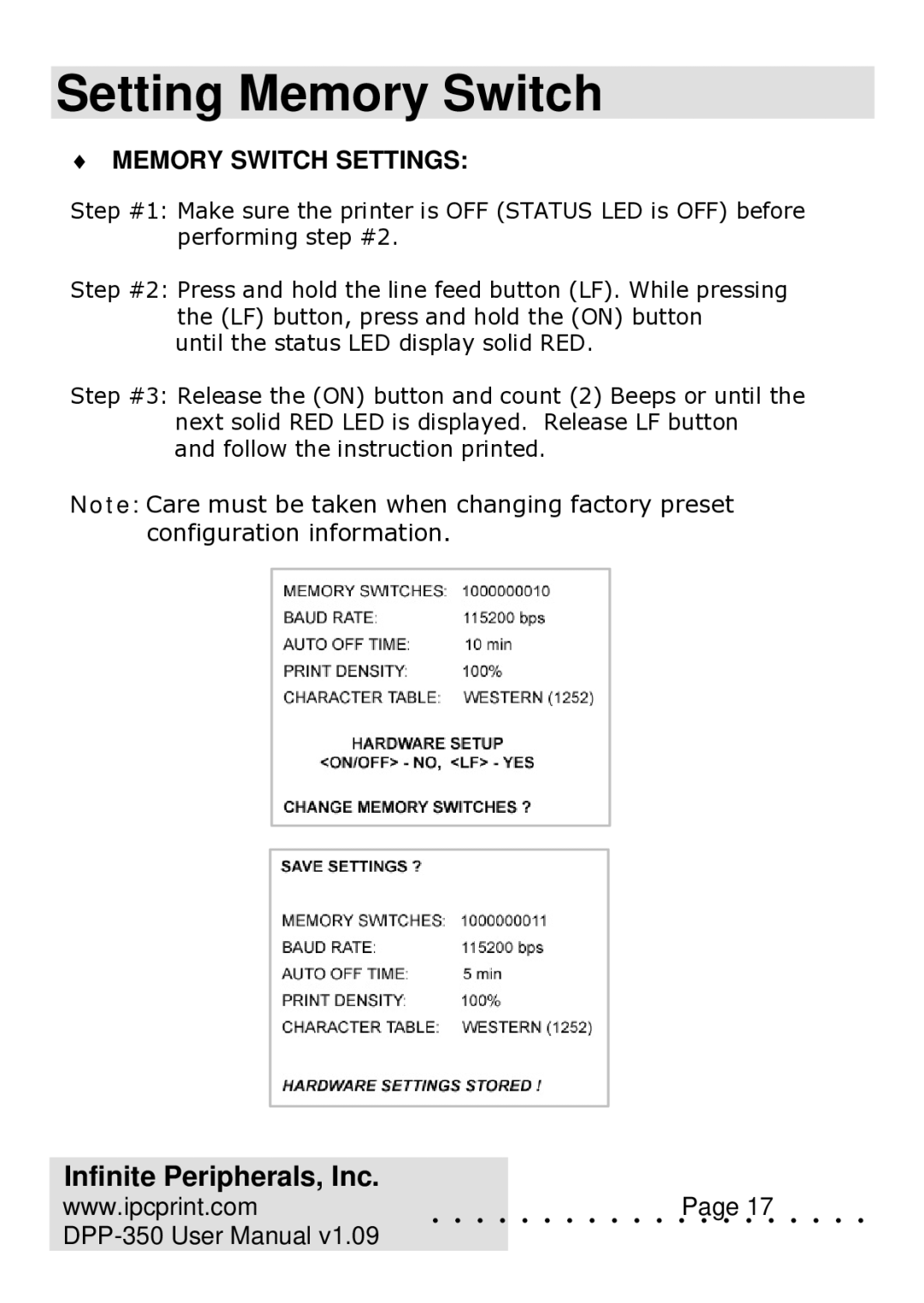 Infinite Peripherals DPP-350 user manual Setting Memory Switch, Memory Switch Settings 