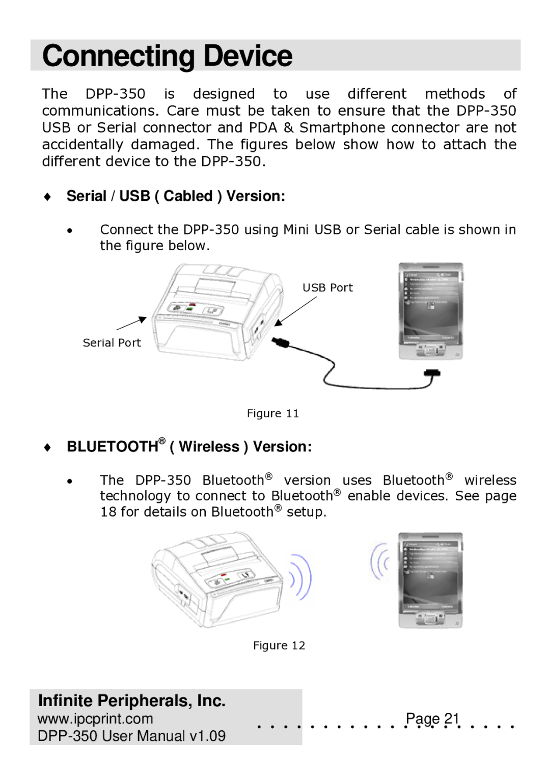 Infinite Peripherals DPP-350 user manual Connecting Device, Serial / USB Cabled Version, Bluetooth Wireless Version 