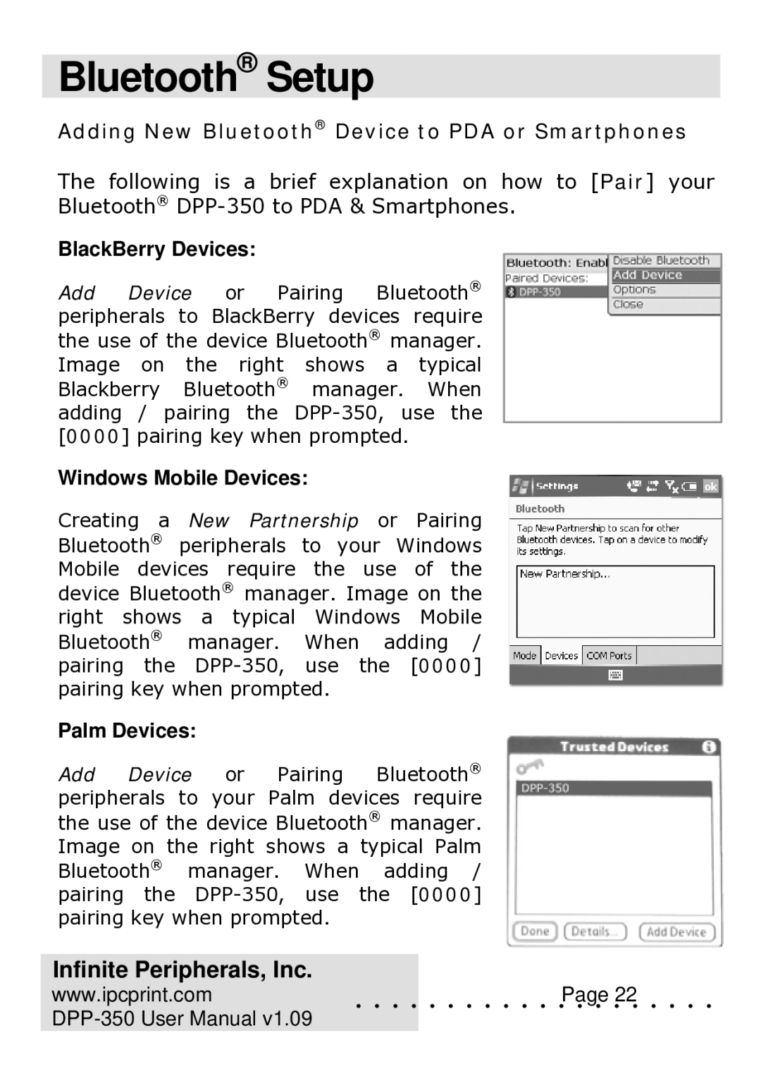 Infinite Peripherals DPP-350 user manual Bluetooth Setup, BlackBerry Devices, Windows Mobile Devices, Palm Devices 