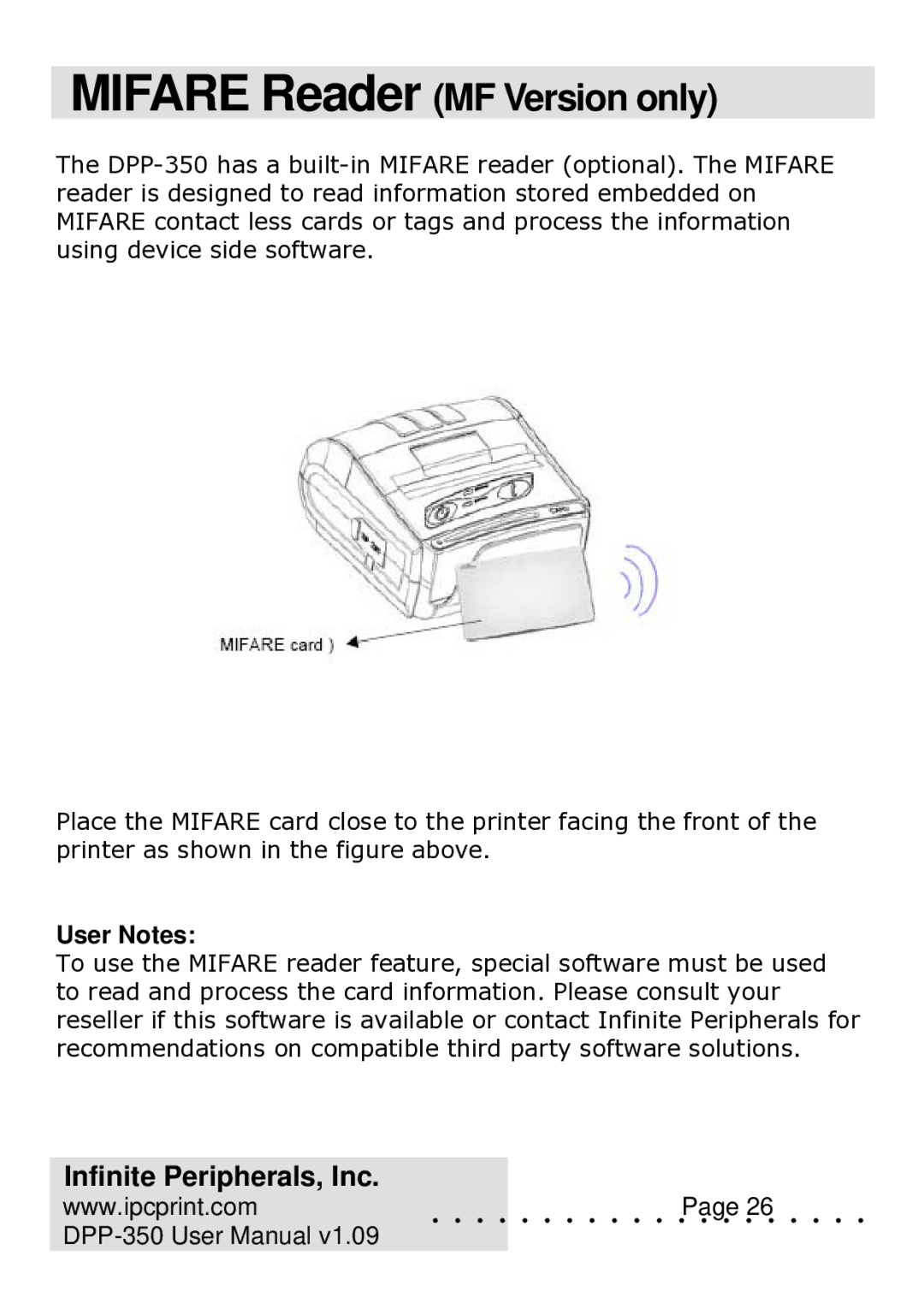 Infinite Peripherals DPP-350 user manual Mifare Reader MF Version only 