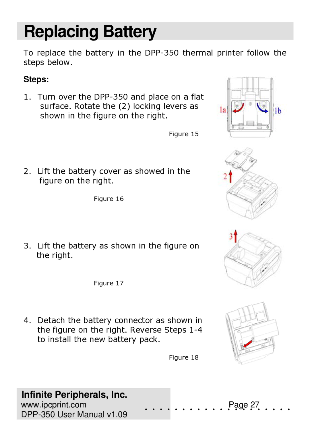 Infinite Peripherals DPP-350 user manual Replacing Battery, Steps 