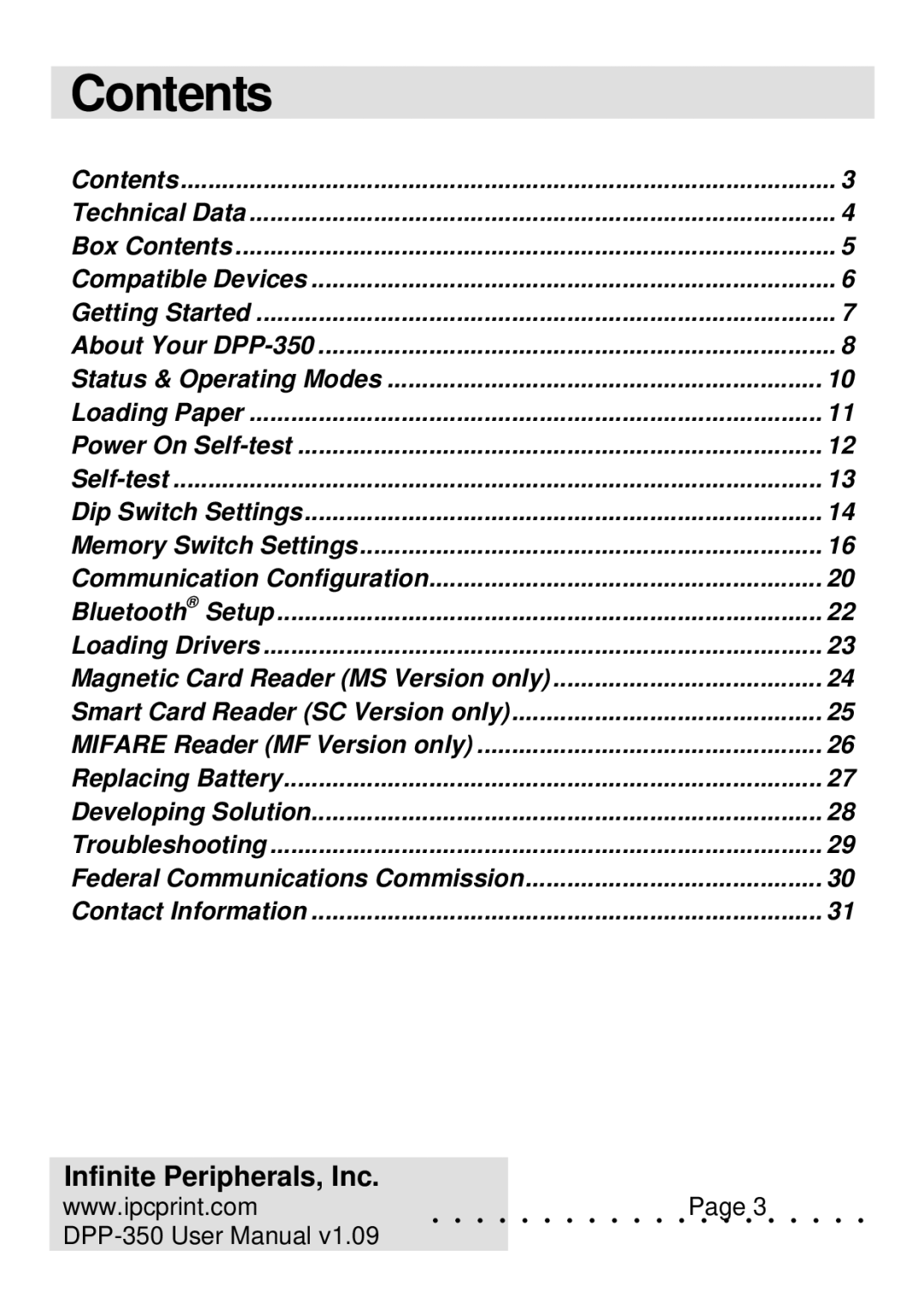 Infinite Peripherals DPP-350 user manual Contents 