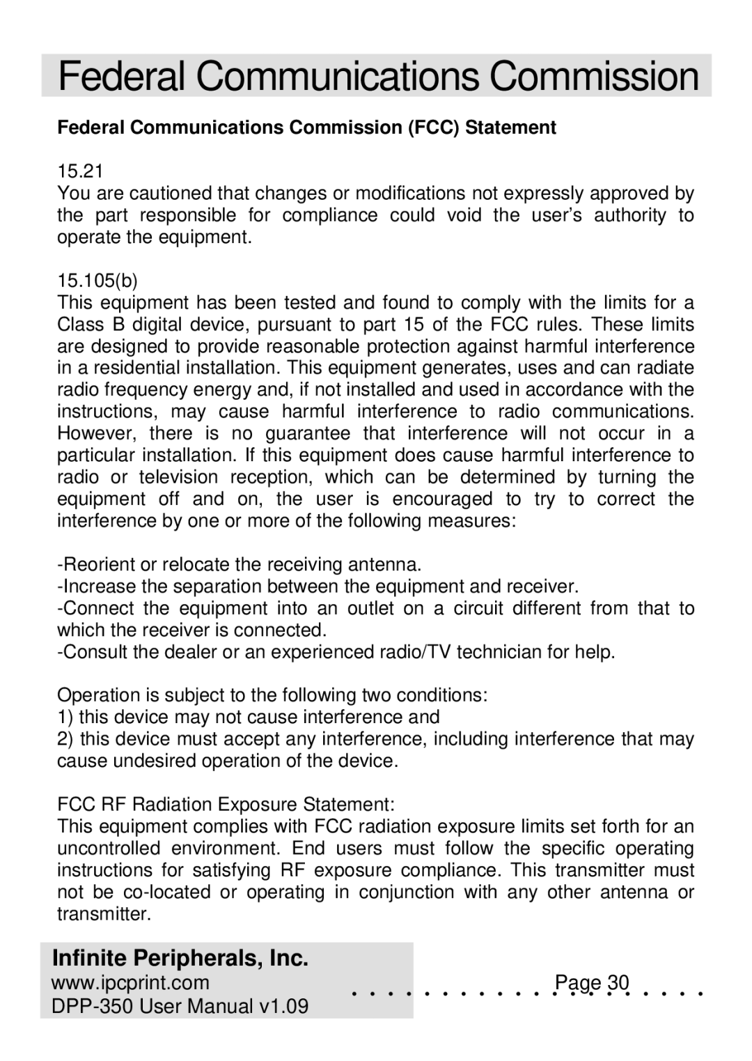 Infinite Peripherals DPP-350 user manual Federal Communications Commission 