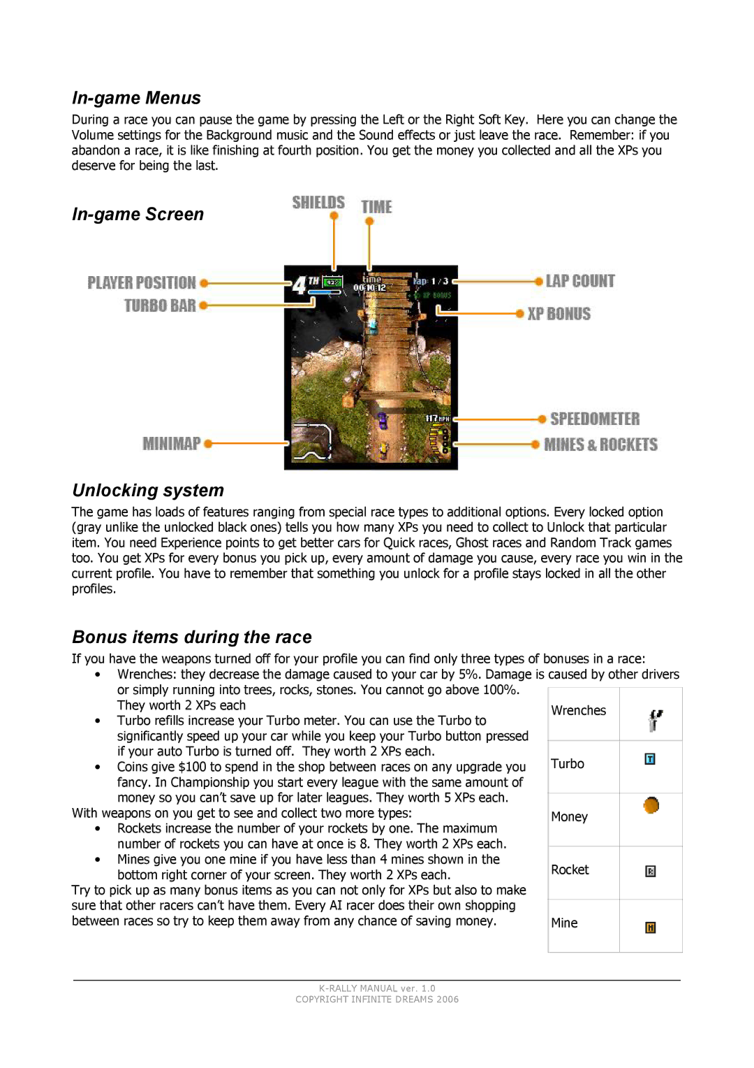 Infinite Peripherals Game manual In-game Menus, In-game Screen Unlocking system, Bonus items during the race 