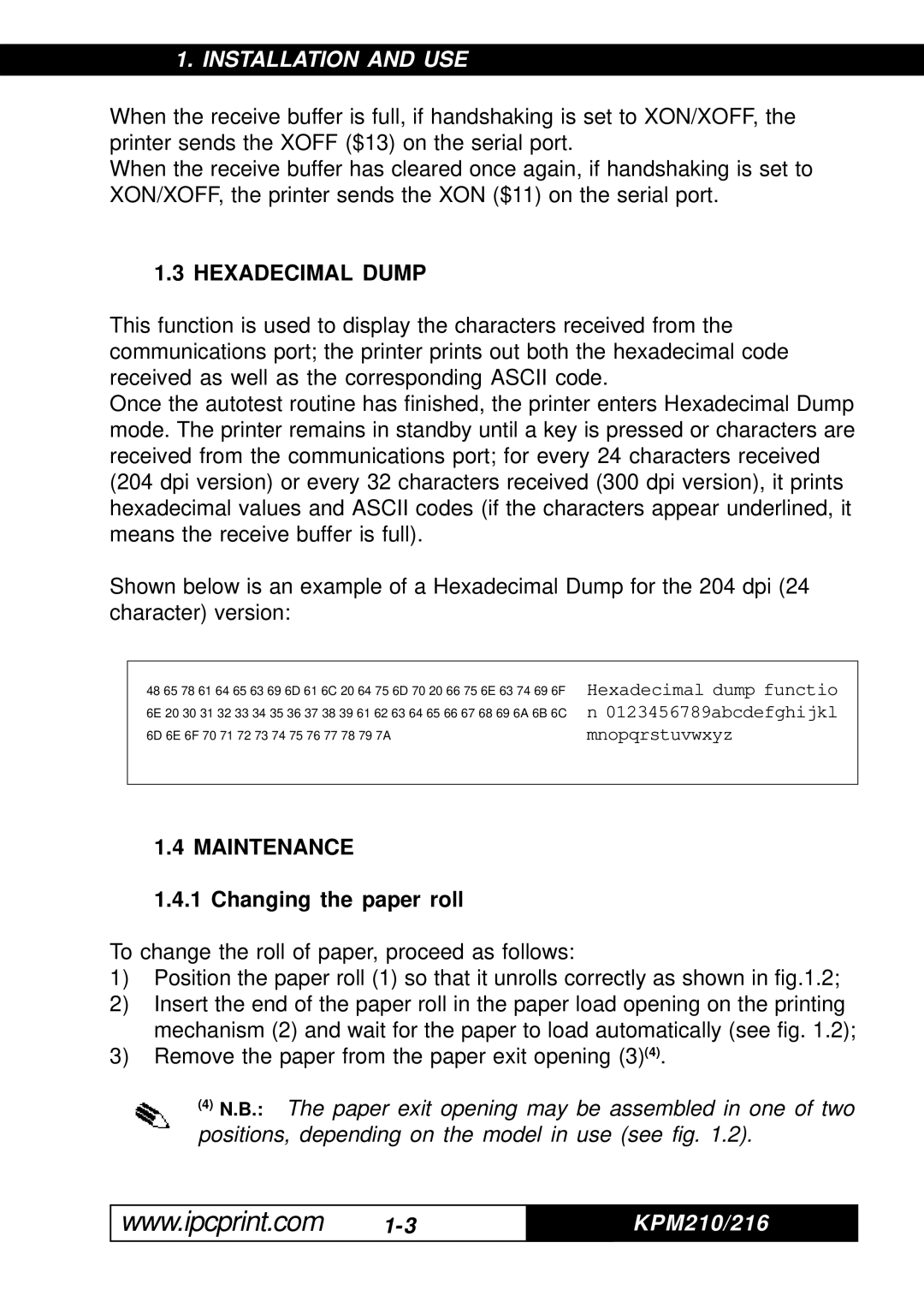 Infinite Peripherals 216, KPM-210 user manual Hexadecimal Dump, Maintenance, Changing the paper roll 